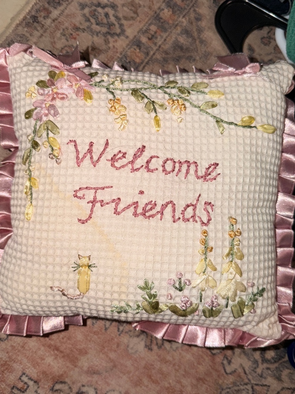Welcome Friends Embroidered Decorative Pillow - Pink Trim Handmade
